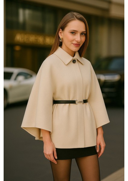 Kadın Bej Şık Kaşe Panço Kemerli Premium Model