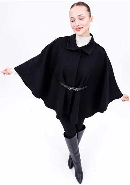 Kadın Siyah Tokalı Kemerli Panço fiyatları