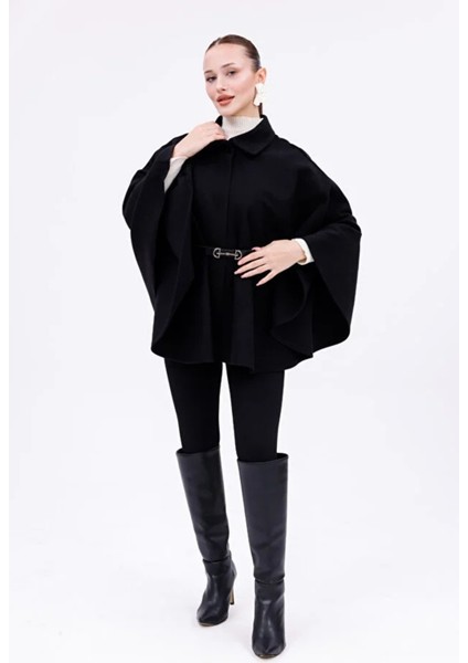 Kadın Siyah Tokalı Kemerli Panço fırsatları