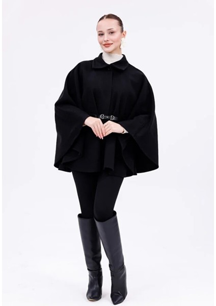 Kadın Siyah Tokalı Kemerli Panço indirimleri