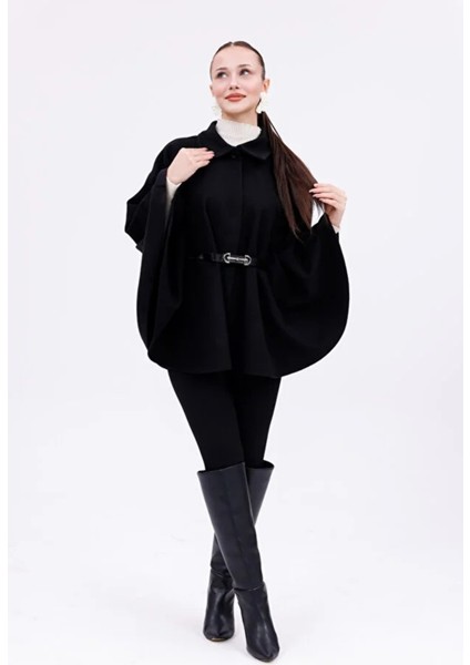 Kadın Siyah Tokalı Kemerli Panço