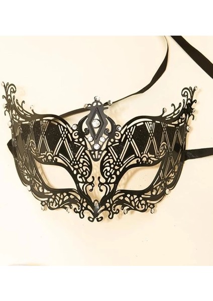 Kristal Gümüş Taşlı Siyah Lazer Kesim Metal Lüks Maske modelleri