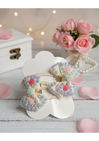 Parıltılı Kurdela ve Pastel Gül Detaylı Çıtçıtlı Saç Tokası Çift