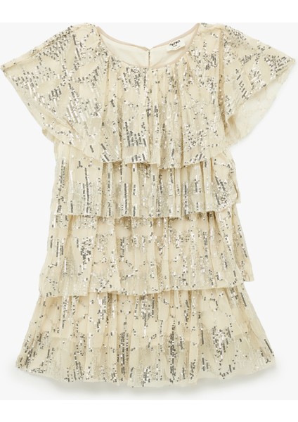 Kat Detaylı Kısa Kollu Bisiklet Yaka Pullu Payetli Yılbaşı Elbise