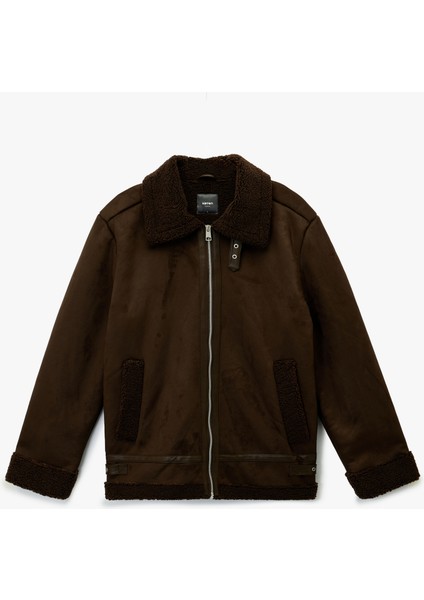 Uzun Kollu Cepli Fermuarlı Peluş Yaka Suni Süet Ceket