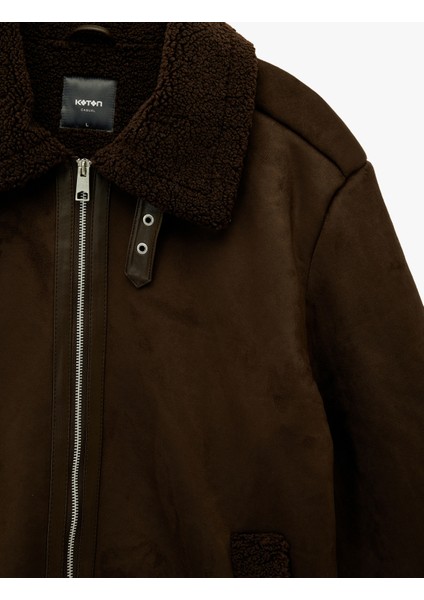 Uzun Kollu Cepli Fermuarlı Peluş Yaka Suni Süet Ceket modelleri