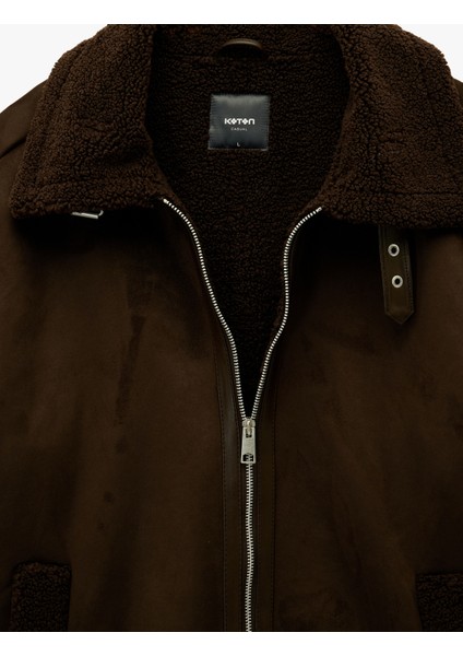 Uzun Kollu Cepli Fermuarlı Peluş Yaka Suni Süet Ceket fırsatları