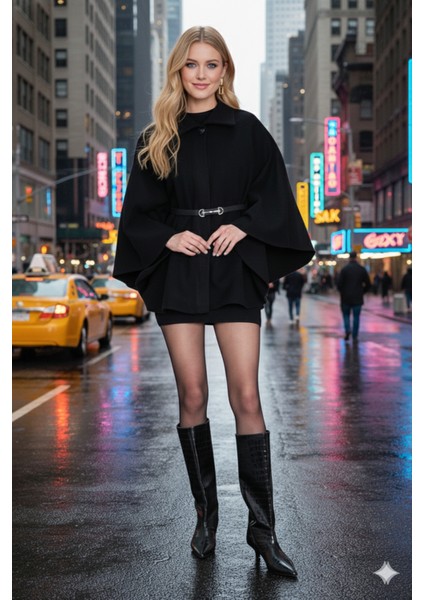 Prilika Siyah Zarif Kadın Kemerli Kaşe Panço – 2025 Kışlık Premium Yeni Sezon Modeli