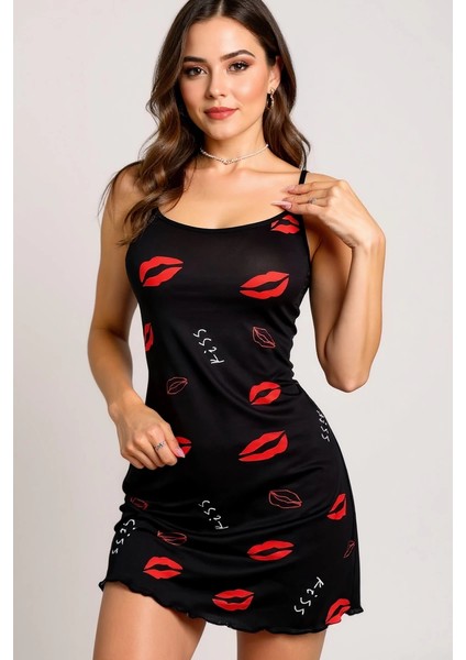 Dudak Desenli Siyah Askılı Gecelik - BI001V-4YVZS3