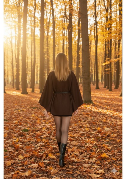 Kadın Kahverengi Kemerli Kaşe Panço – Milan’o 2025 Yeni Sezon Şıklığı fırsatları