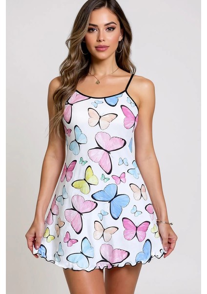 Renkli Kelebek Desenli Askılı Kadın Gecelik - EG001S-4RCUB3 modelleri