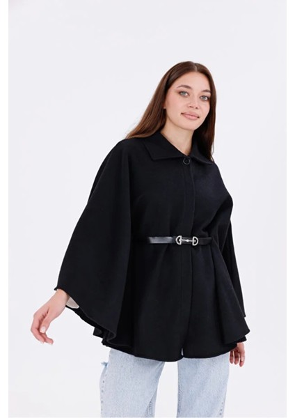 Kadın Siyah Kemer Detaylı Kaşe Panço Oversize fiyatları