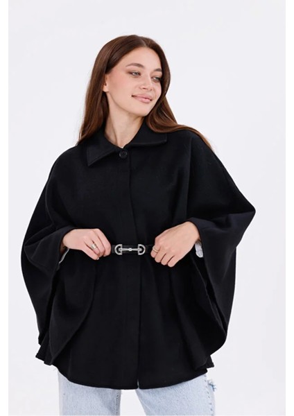Kadın Siyah Kemer Detaylı Kaşe Panço Oversize fırsatları