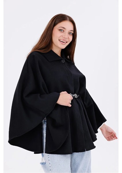 Kadın Siyah Kemer Detaylı Kaşe Panço Oversize indirimleri