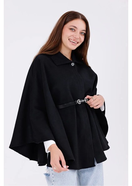 Kadın Siyah Kemer Detaylı Kaşe Panço Oversize