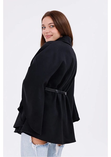 Kadın Siyah Kemer Detaylı Kaşe Panço Oversize