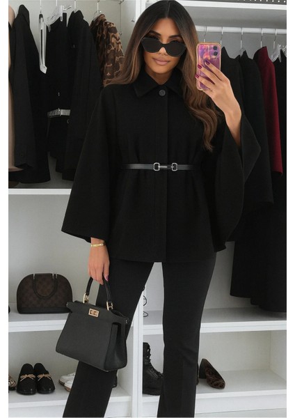 Prilika Siyah Kaşmir Panço – Kadın Kemerli Rahat Kalıp 2025 indirimleri