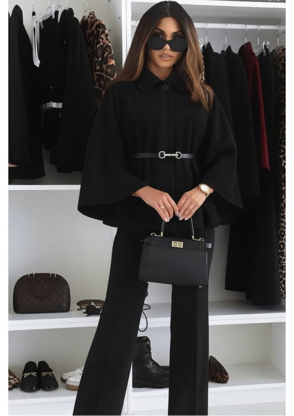 Prilika Siyah Kaşmir Panço – Kadın Kemerli Rahat Kalıp 2025