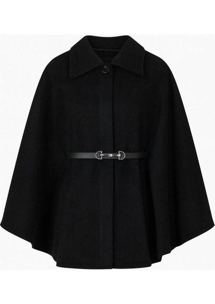 Prilika Siyah Kaşmir Panço – Kadın Kemerli Rahat Kalıp 2025