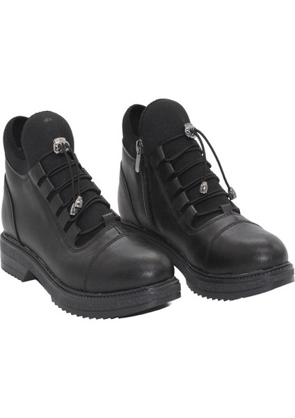 S110 Siyah Cilt Bağcıklı Kadın Kışlık Bot