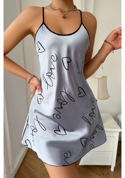 Love Baskılı Gri Saten Gecelik - IH001U-4VWDY0