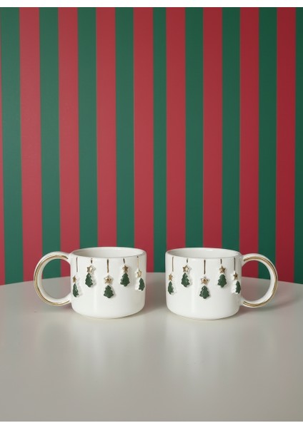 Ağaç Süslemeli Seramik 2'li Fincan Takımı