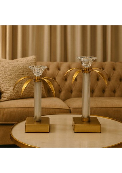 Dekoratif 2'li Palmiye Şamdan - Eskitme/şeffaf