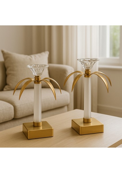 Dekoratif 2'li Palmiye Şamdan - Eskitme/şeffaf fiyatları