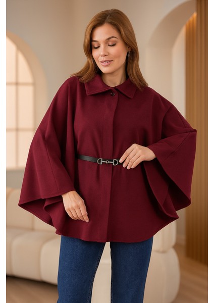 Bordo Kaşe Kemerli Kadın Panço – Kışlık Şık Dış Giyim