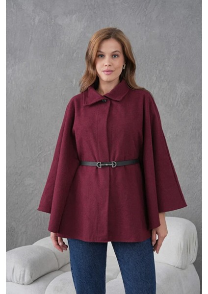 Bordo Kaşe Kemerli Kadın Panço – Kışlık Şık Dış Giyim fiyatları