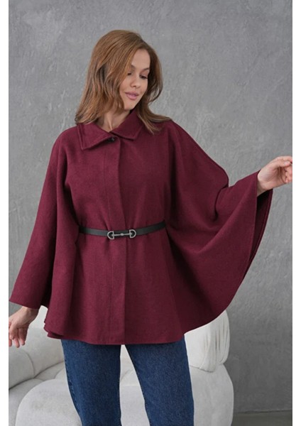 Bordo Kaşe Kemerli Kadın Panço – Kışlık Şık Dış Giyim modelleri