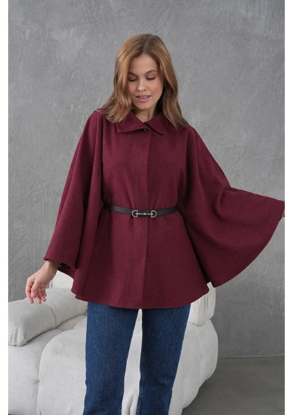 Bordo Kaşe Kemerli Kadın Panço – Kışlık Şık Dış Giyim fırsatları