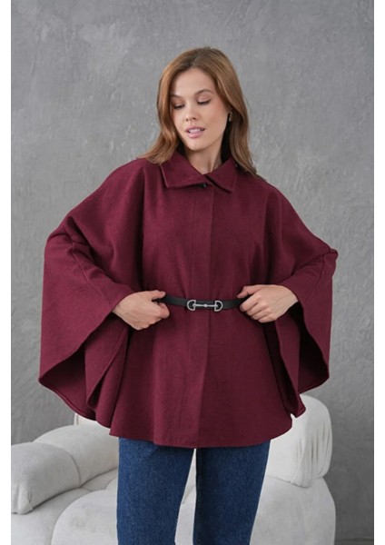 Bordo Kaşe Kemerli Kadın Panço – Kışlık Şık Dış Giyim indirimleri