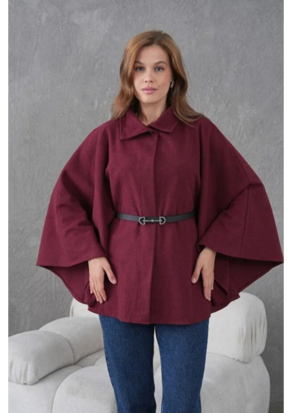 Bordo Kaşe Kemerli Kadın Panço – Kışlık Şık Dış Giyim