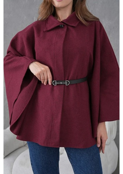 Bordo Kaşe Kemerli Kadın Panço – Kışlık Şık Dış Giyim