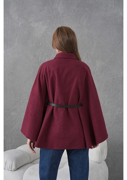 Bordo Kaşe Kemerli Kadın Panço – Kışlık Şık Dış Giyim