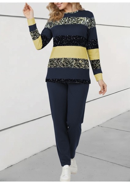 Kadın Uzun Kollu Bisiklet Yaka Çizgili Desen Iki Iplik Bluz ve Pantolon Ikili Takım