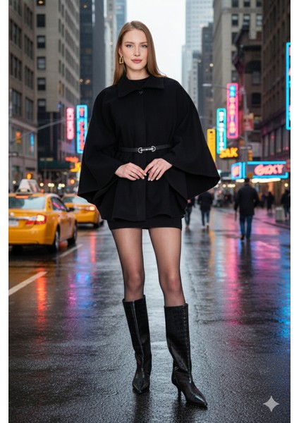 Prilika Kadın Siyah Kemerli Panço – 2025 Zarif Seçim