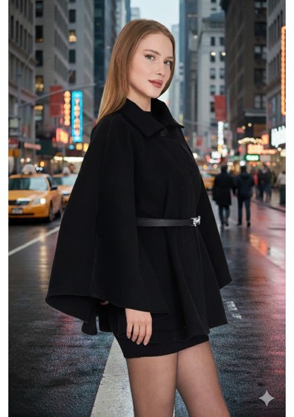 Prilika Kadın Siyah Kemerli Panço – 2025 Zarif Seçim fırsatları