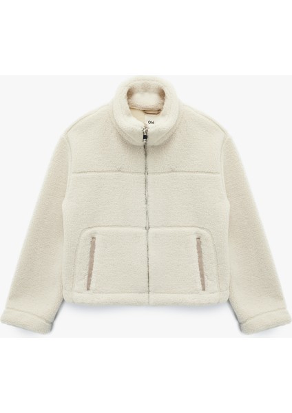 Cepli Uzun Kollu Fermuarlı Dik Yaka Crop Peluş Mont