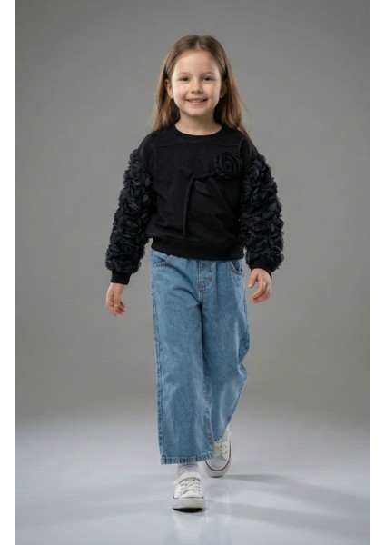 Gül Detaylı Sweat Kot Pantolon Kız Çocuk Takım
