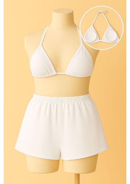 Kadın Beyaz Şortlu Belden ve Boyundan Bağlamalı Bikini Takımı fiyatları