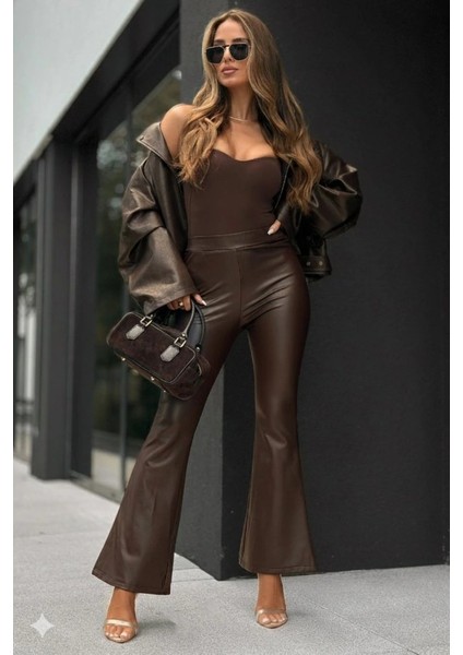 Kadın Yüksek Bel Ispanyol Paçalı Deri Pantolon modelleri