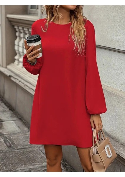 Kadın Uzun Kollu Yuvarlak Yaka Mini Ithal Krep Elbise modelleri