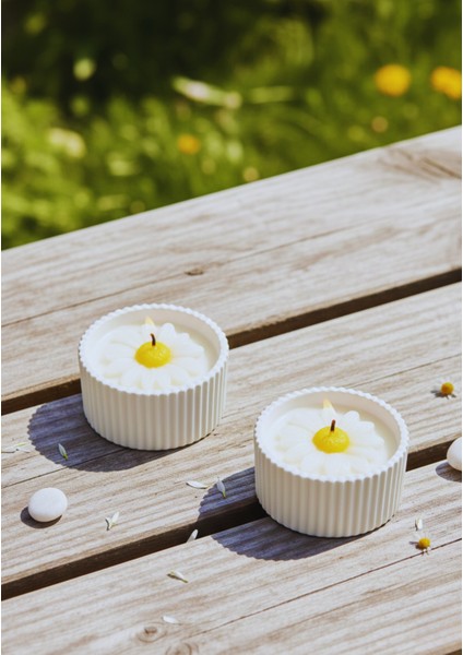 El Yapımı Papatya Dekorlu Kokulu Mum Seti – 2’li Özel Tasarım Daisy Collection