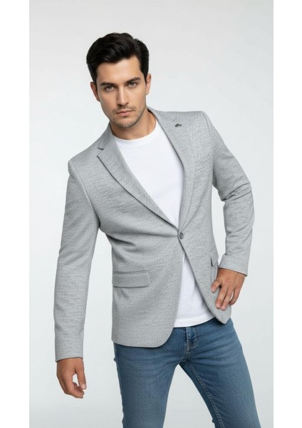 Erkek Karyağdı Desenli Slim Fit Blazer Ceket – Mavi & Gri – Şık Günlük ve Ofis Kombin fırsatları