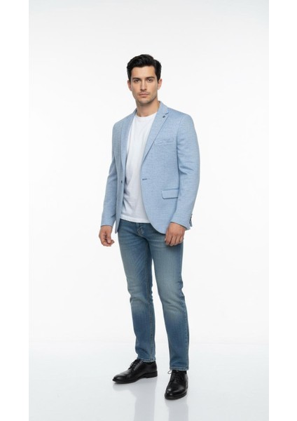 Erkek Karyağdı Desenli Slim Fit Blazer Ceket – Mavi & Gri – Şık Günlük ve Ofis Kombin modelleri