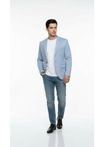 Erkek Karyağdı Desenli Slim Fit Blazer Ceket – Mavi & Gri – Şık Günlük ve Ofis Kombin