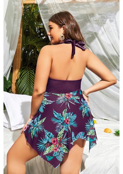 Arias Closet Büyük Beden Mor Üstüne Çiçek Desenli Boyundan Bağlamalı Elbise fiyatları