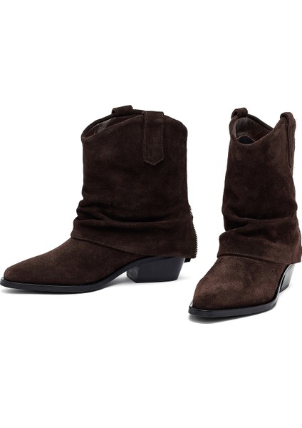 Kadın Kahverengi Kısa Kalın Topuklu Süet Deri Kovboy Bot 25WFD270610 modelleri